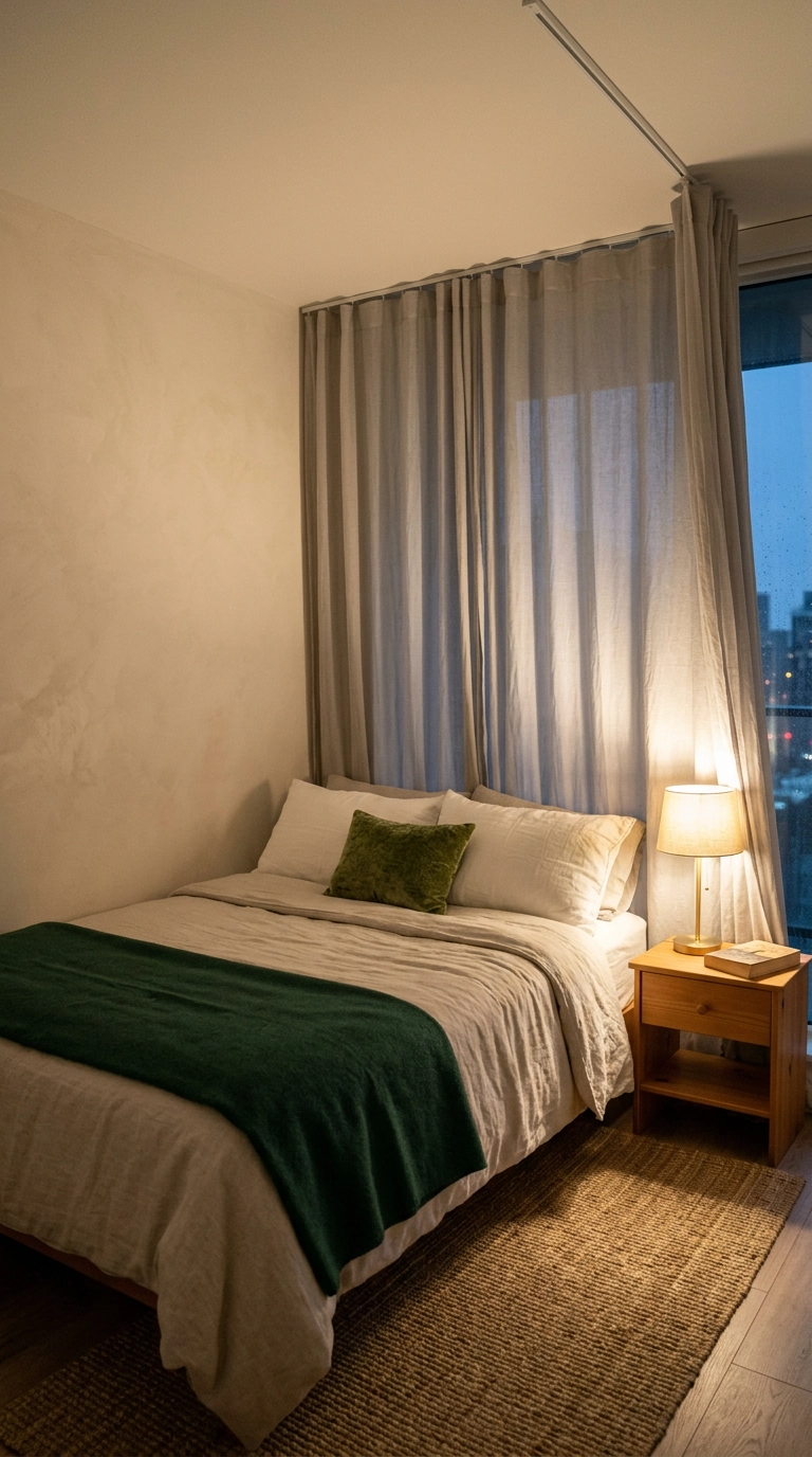 Bed draped with sheer grey linen canopy curtains from a ceiling track in a small bedroom