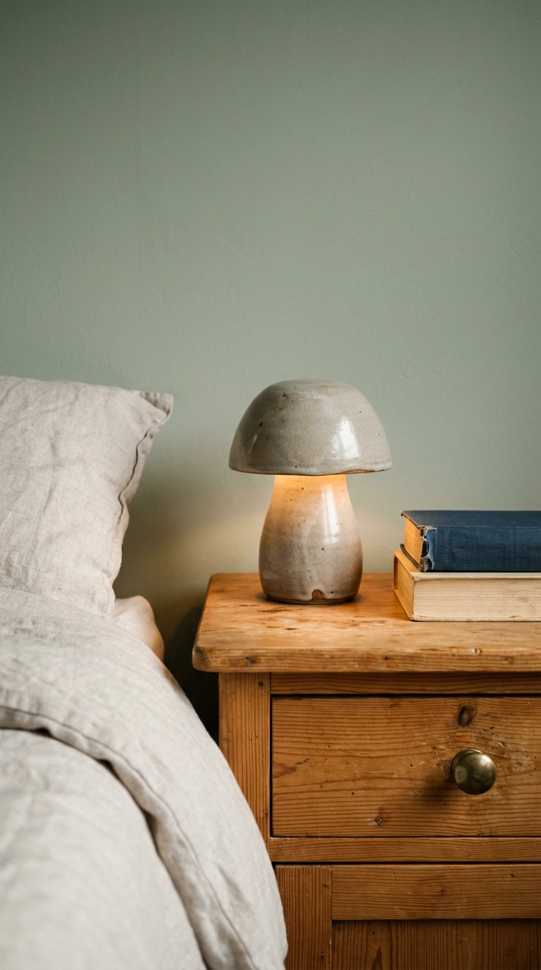 Small mushroom-shaped ceramic lamp glowing warmly on a honey pine nightstand