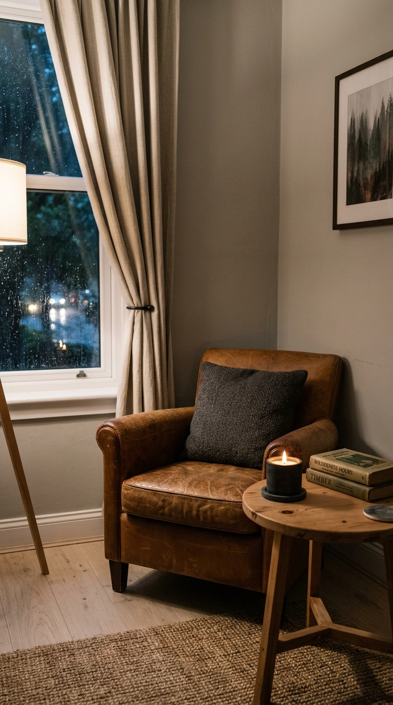 Reading corner with a leather armchair, pine side table and cedar candle by a bedroom window