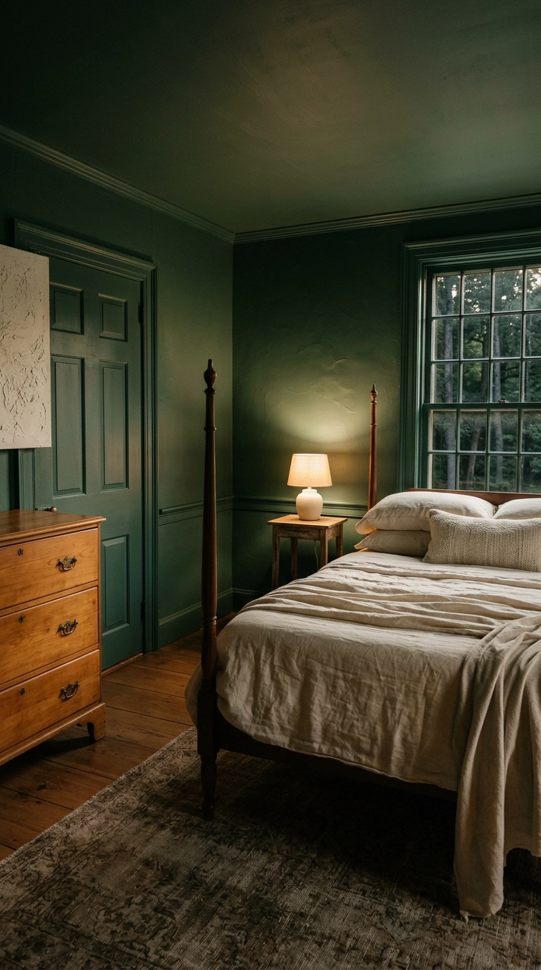 Bedroom with walls, trim and ceiling painted deep hemlock green and a honey pine dresser