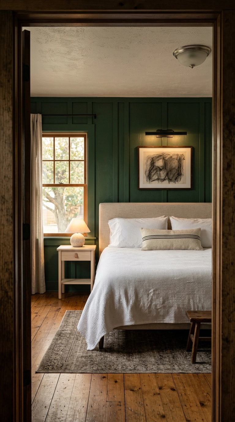 Forest green board and batten wall molding behind an oatmeal linen headboard in a craftsman bedroom