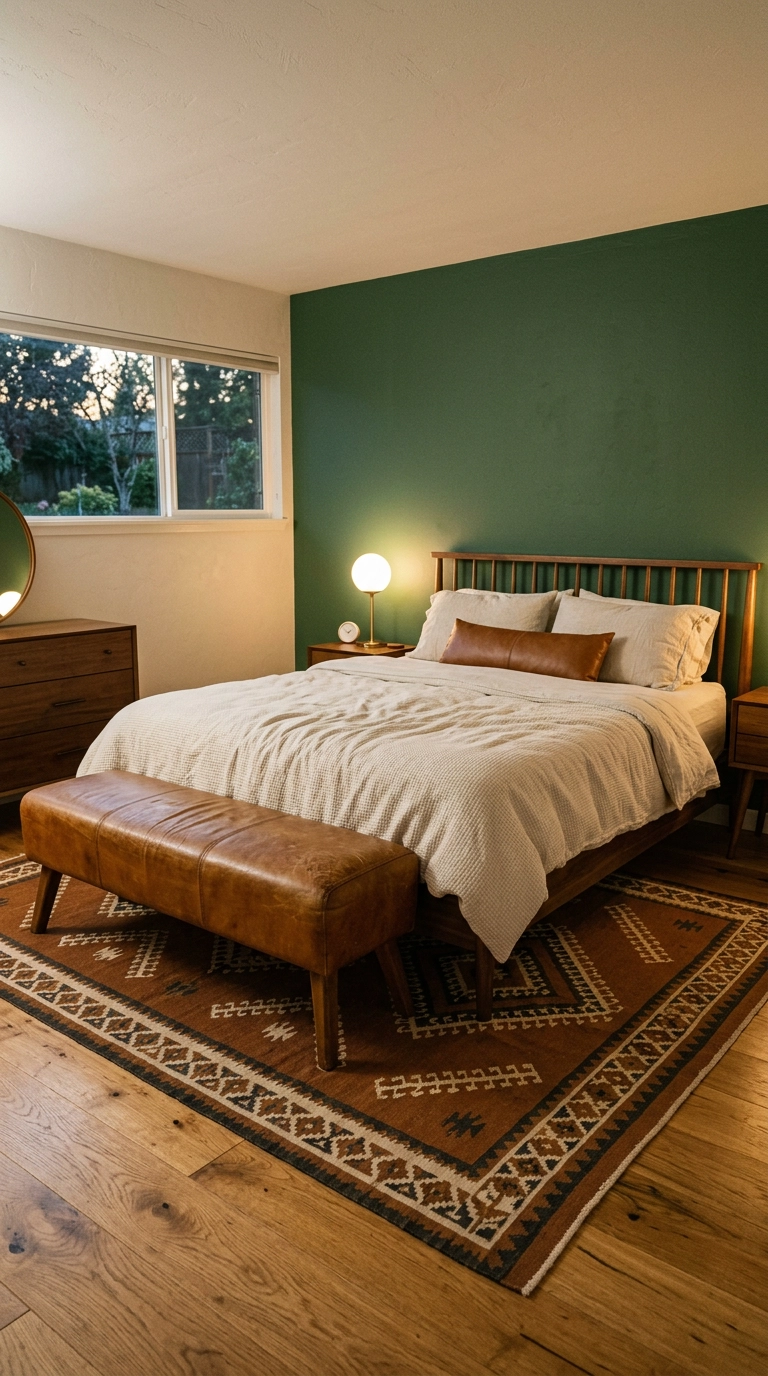 Forest green accent wall with a caramel leather bench and walnut mid-century bed