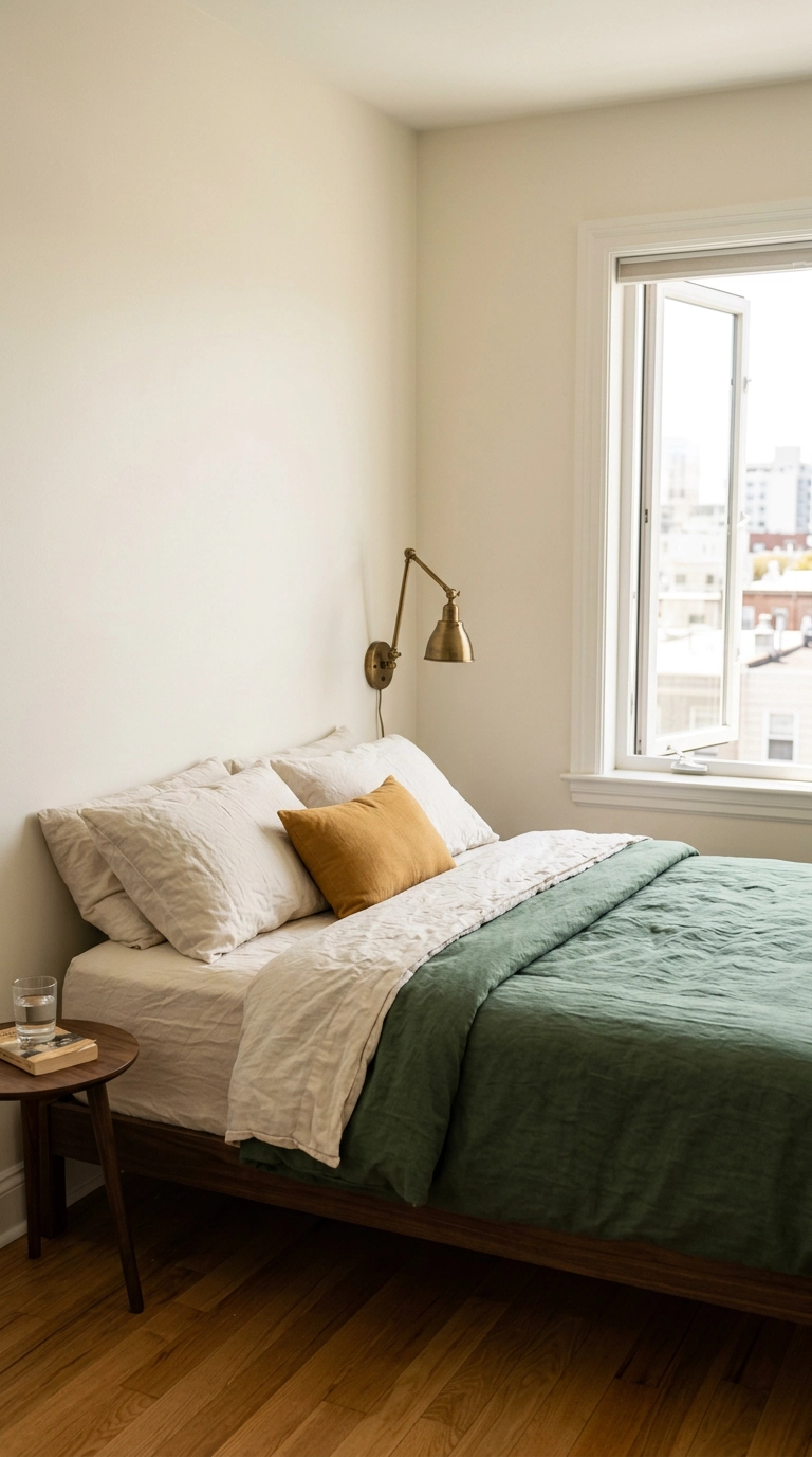 Forest green cotton duvet folded over cream linen sheets on a queen bed with a brass wall sconce