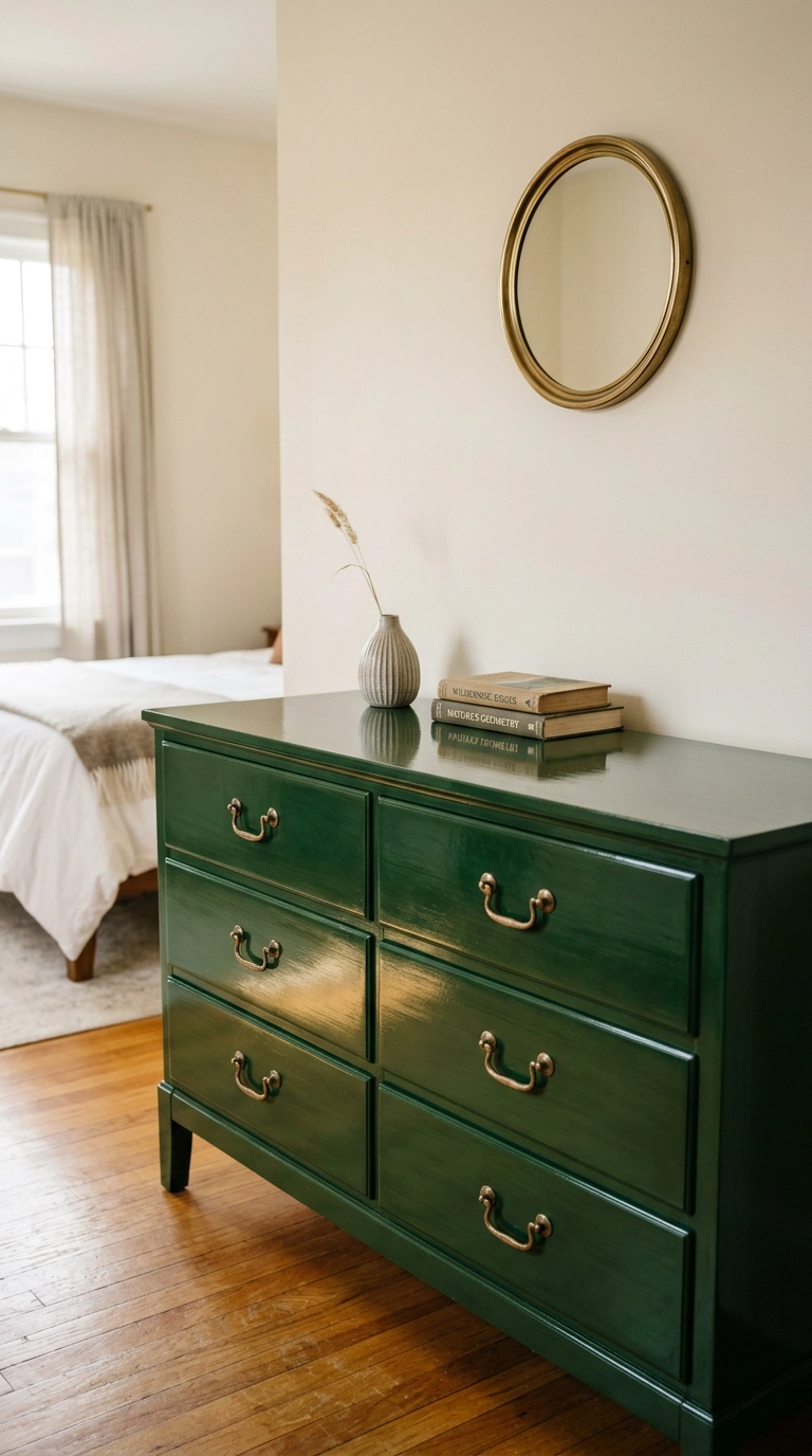 Vintage dresser painted high-gloss forest green with brass pulls against a bone-white wall