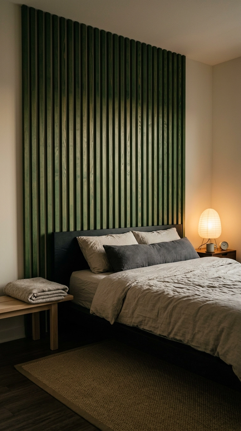 Vertical wood slat wall stained forest green behind a low black platform bed in a Japandi bedroom
