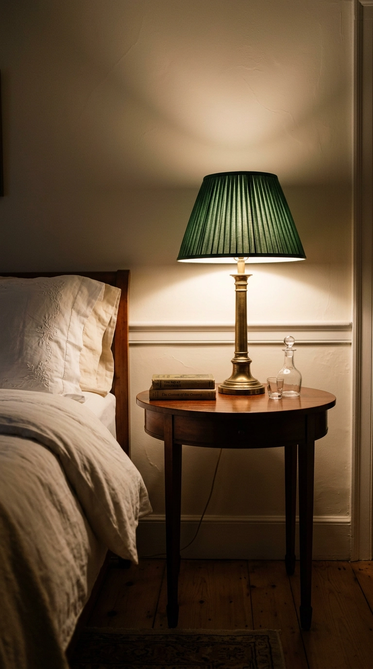 Pleated forest green lampshade on a brass column lamp glowing on a mahogany nightstand