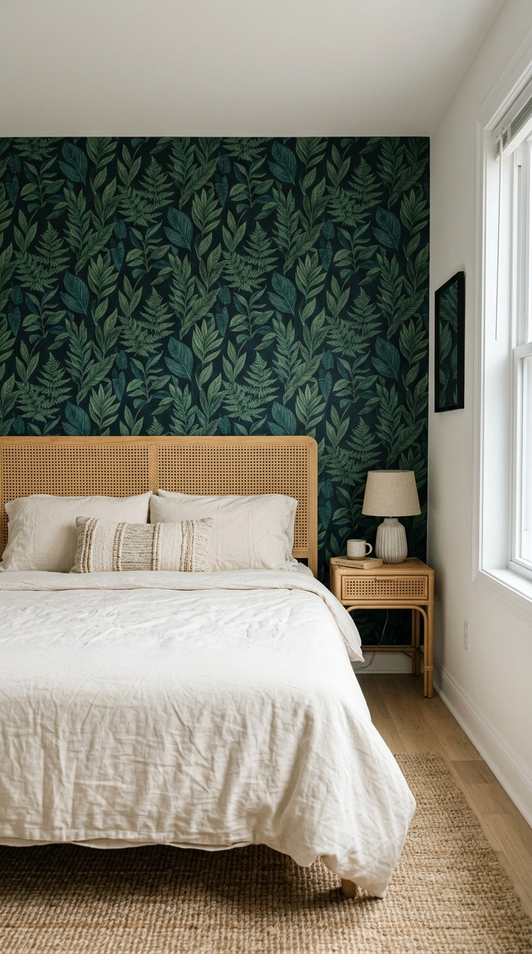 Forest green botanical peel-and-stick wallpaper behind a rattan cane headboard in a rental bedroom