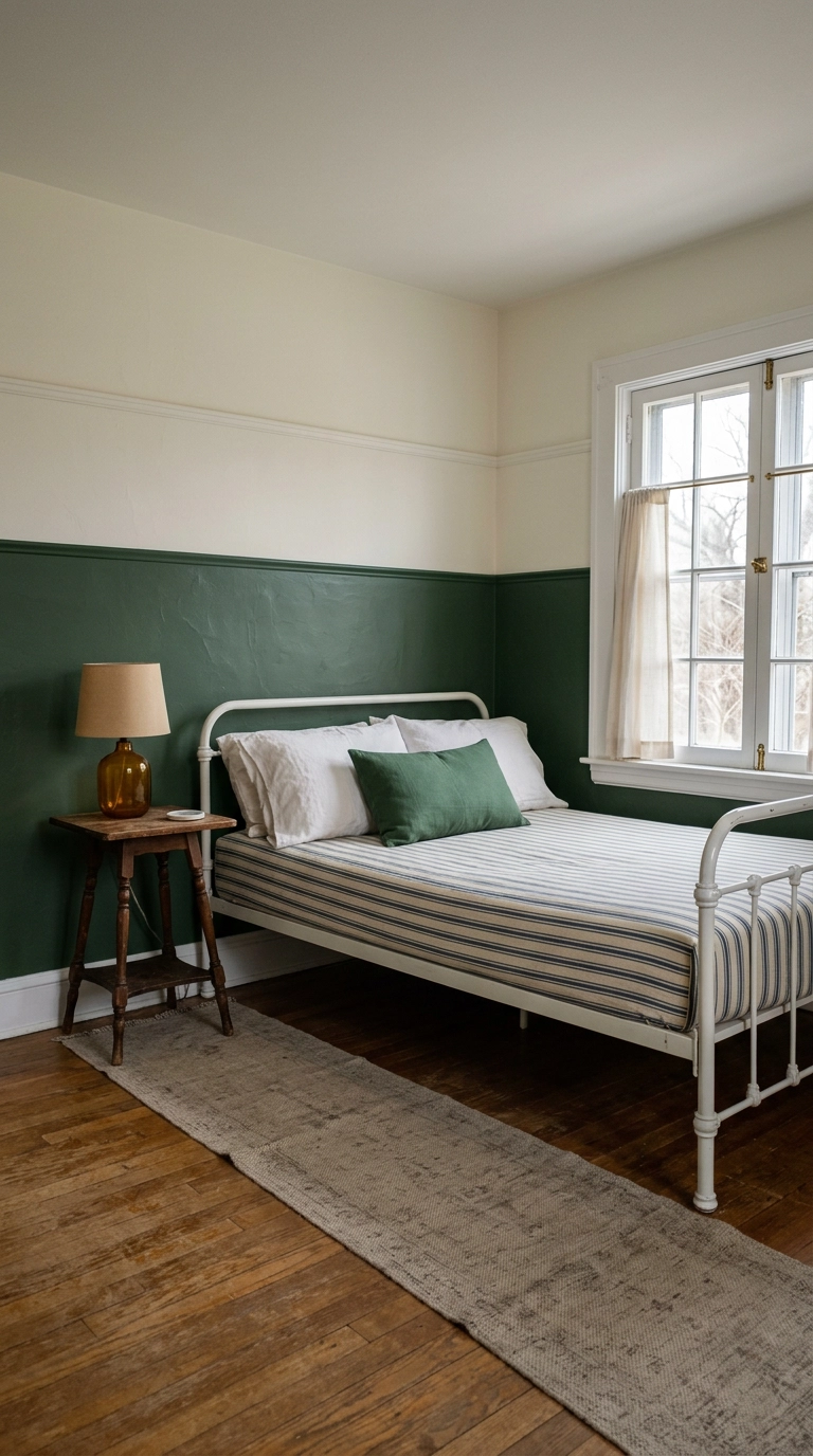 Forest green half wall with white picture rail molding above a white iron daybed