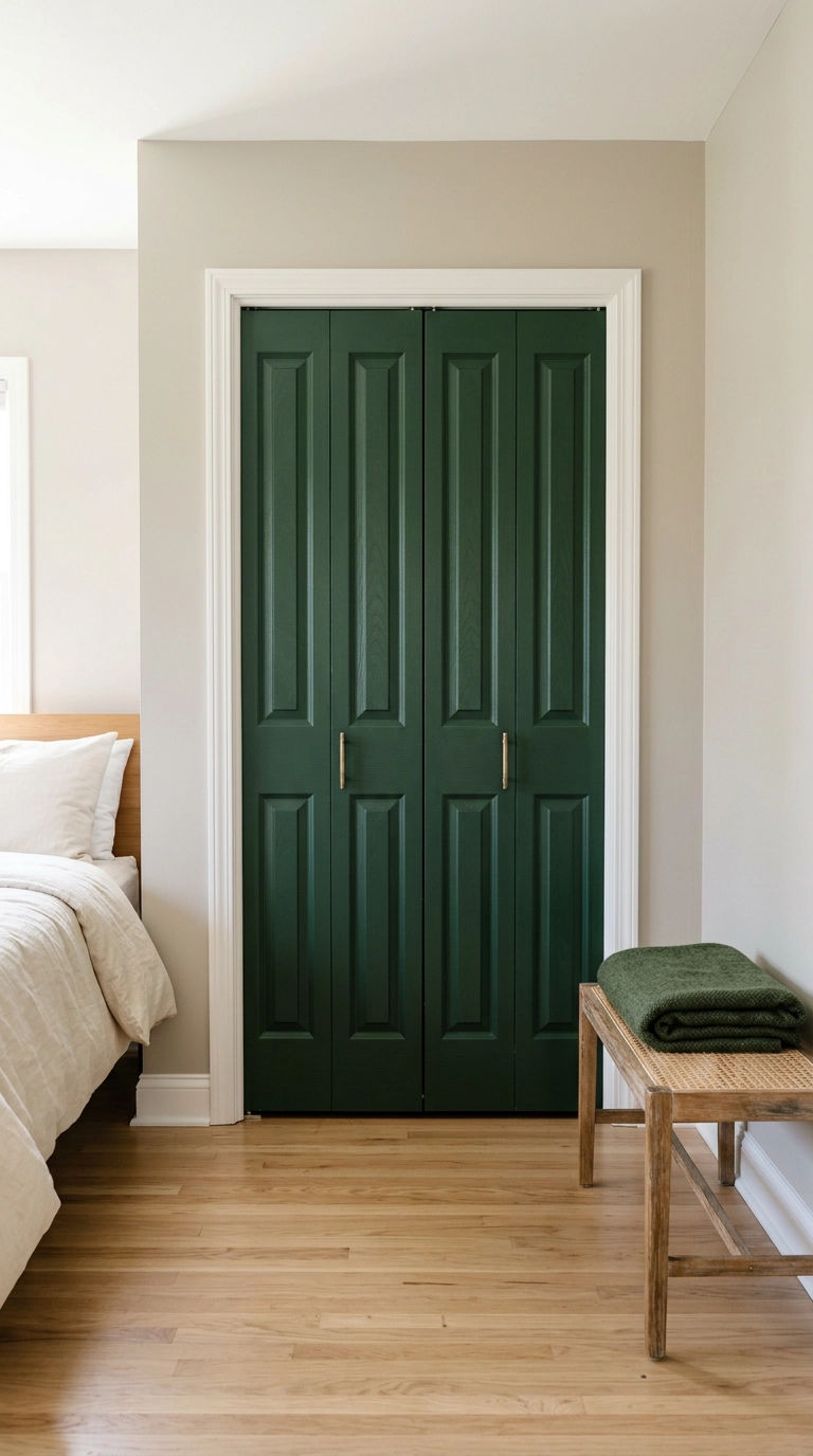 Bifold closet doors painted forest green with brass knobs in a greige bedroom