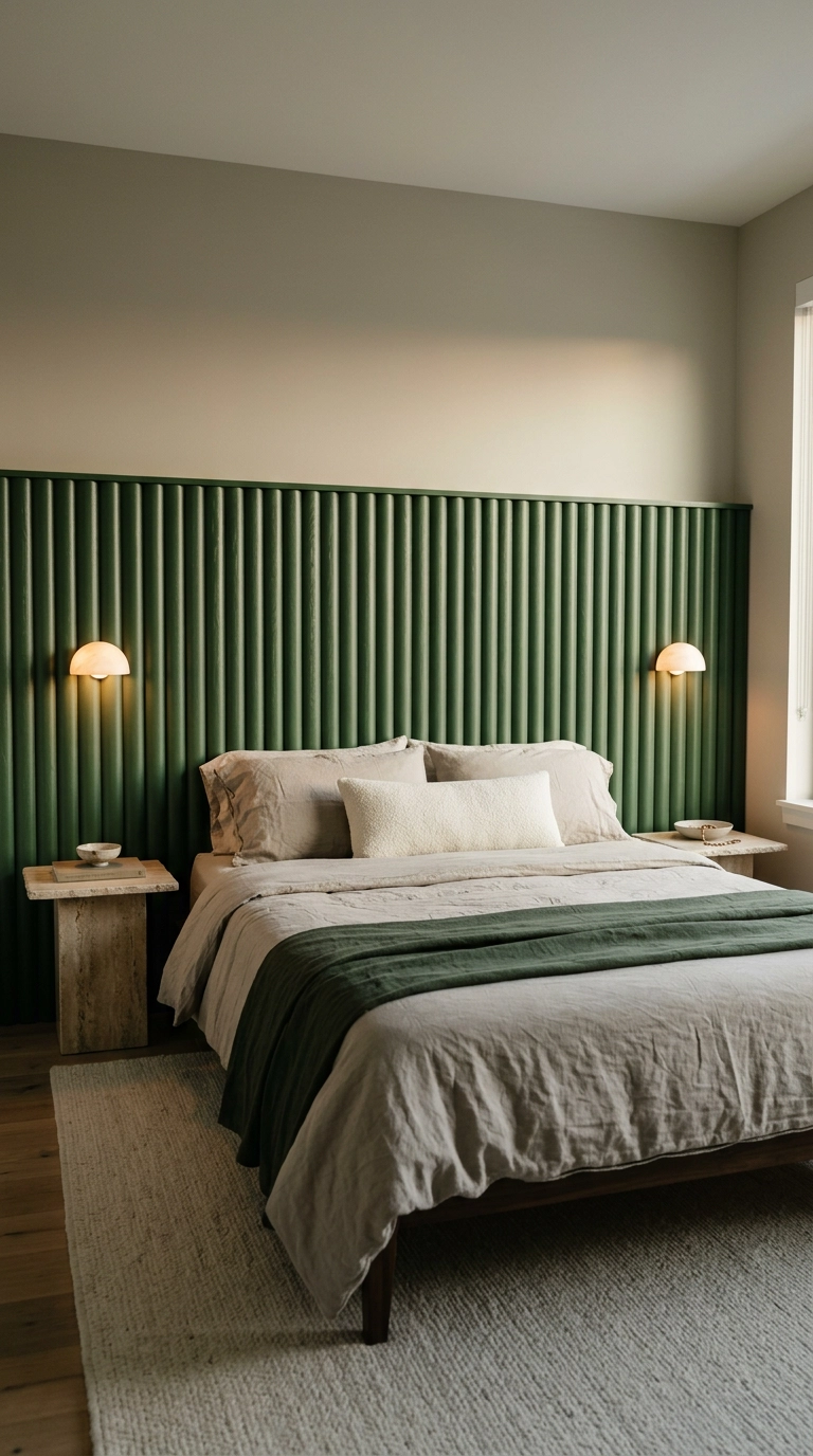 Forest green fluted wood headboard panel with alabaster sconces in a modern condo bedroom