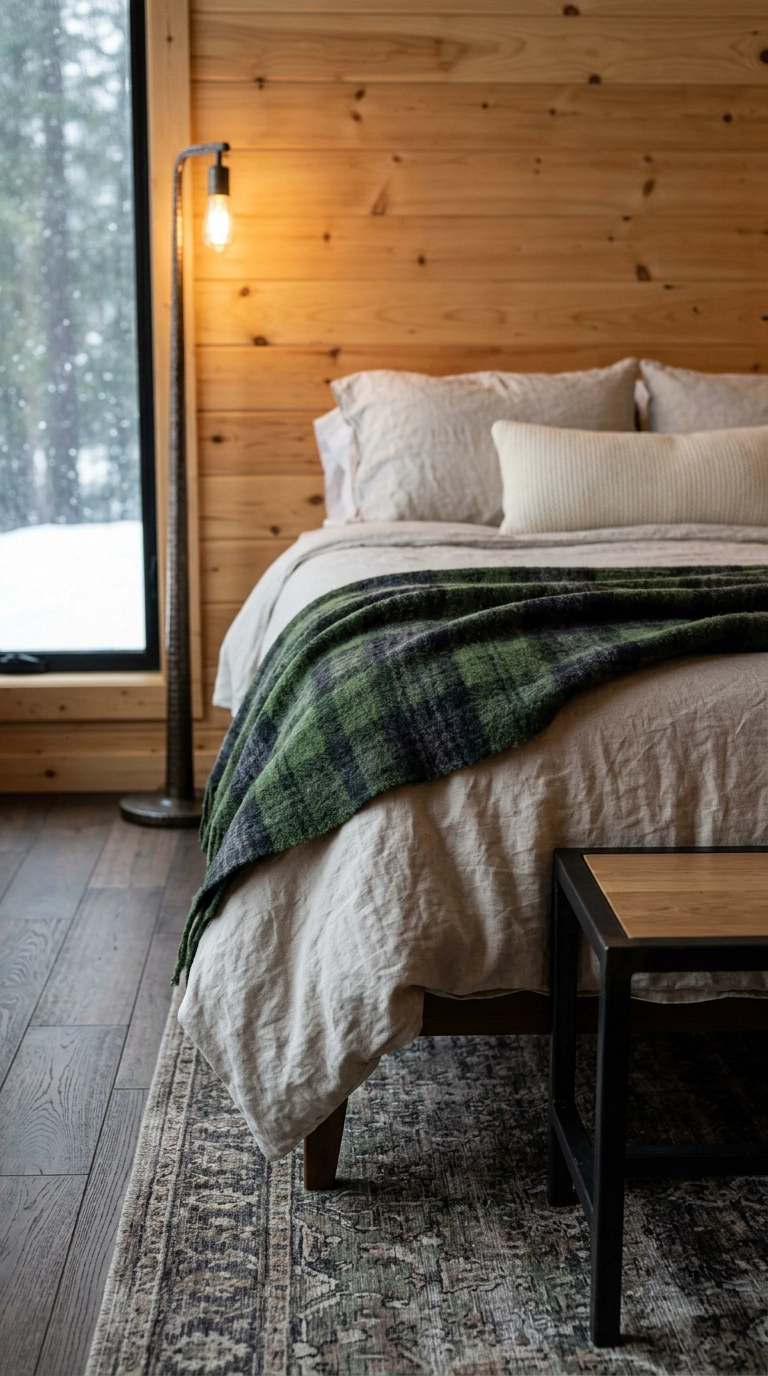 Forest green and charcoal tartan wool blanket draped across the foot of a linen-dressed bed