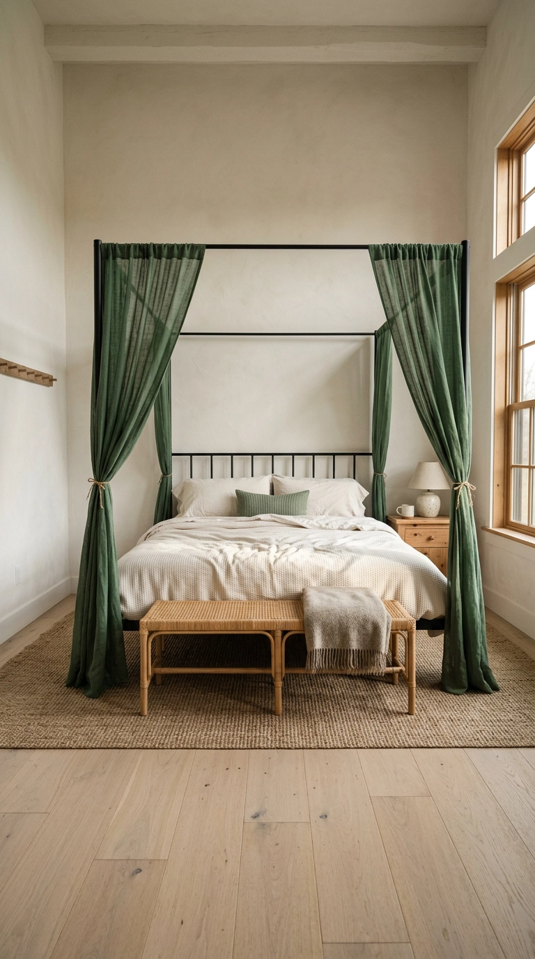 Black four-poster canopy bed with sheer forest green linen panels in a bright farmhouse bedroom