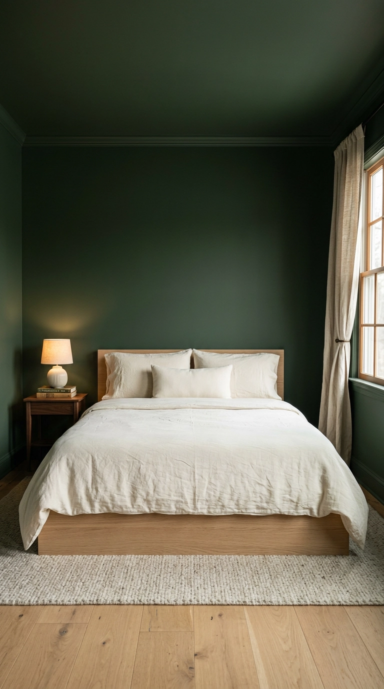 Bedroom with forest green walls, trim, and ceiling in matte paint behind a white oak bed with cream linen bedding