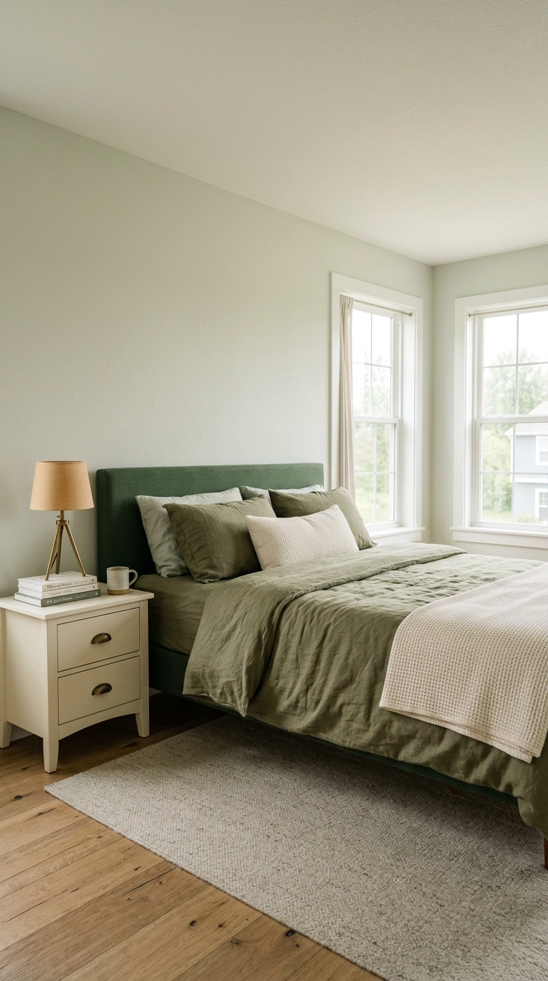 Bedroom layering pale sage walls, a forest green headboard, and olive linen bedding