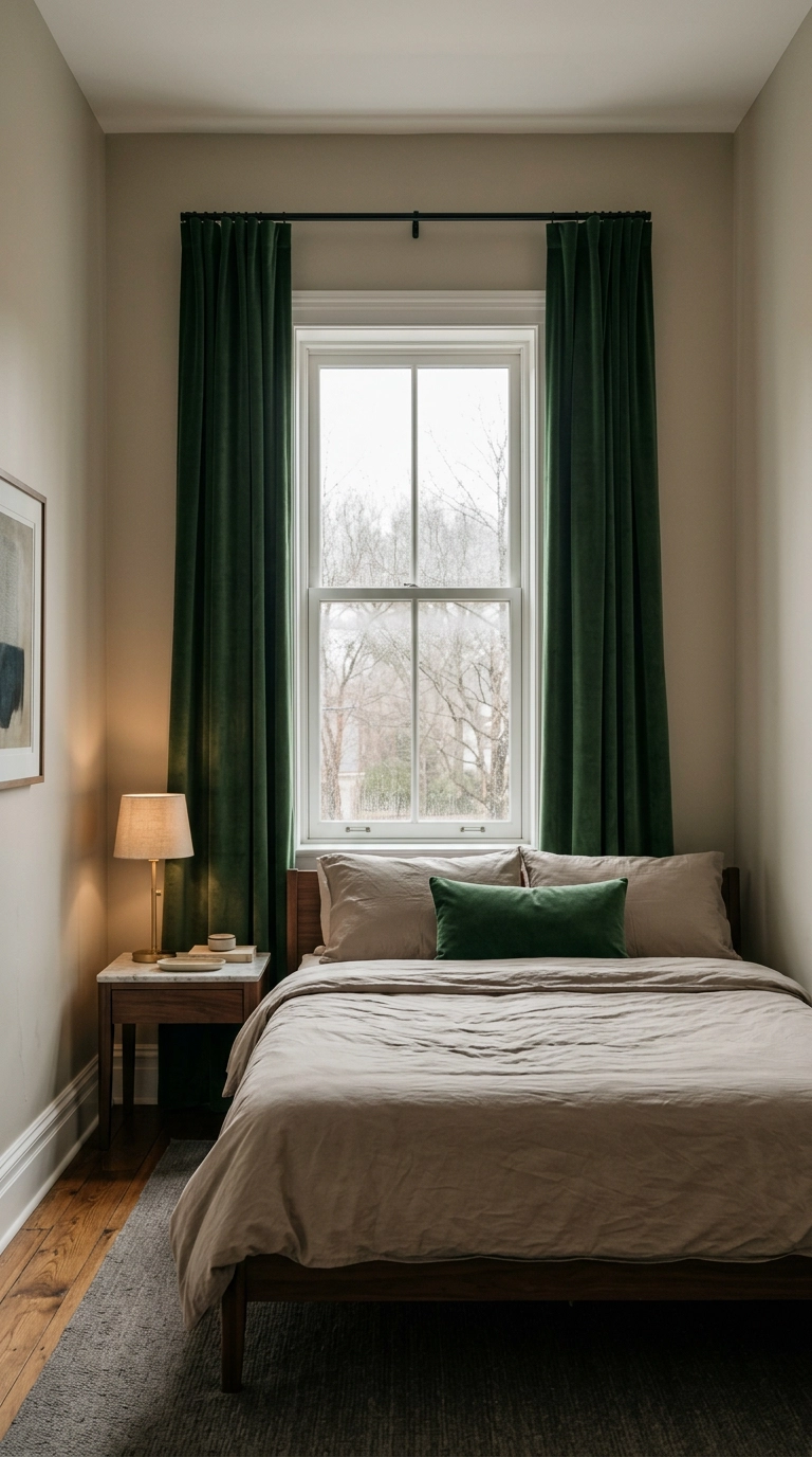 Forest green velvet curtains hung high and wide on a black rod in a greige bedroom