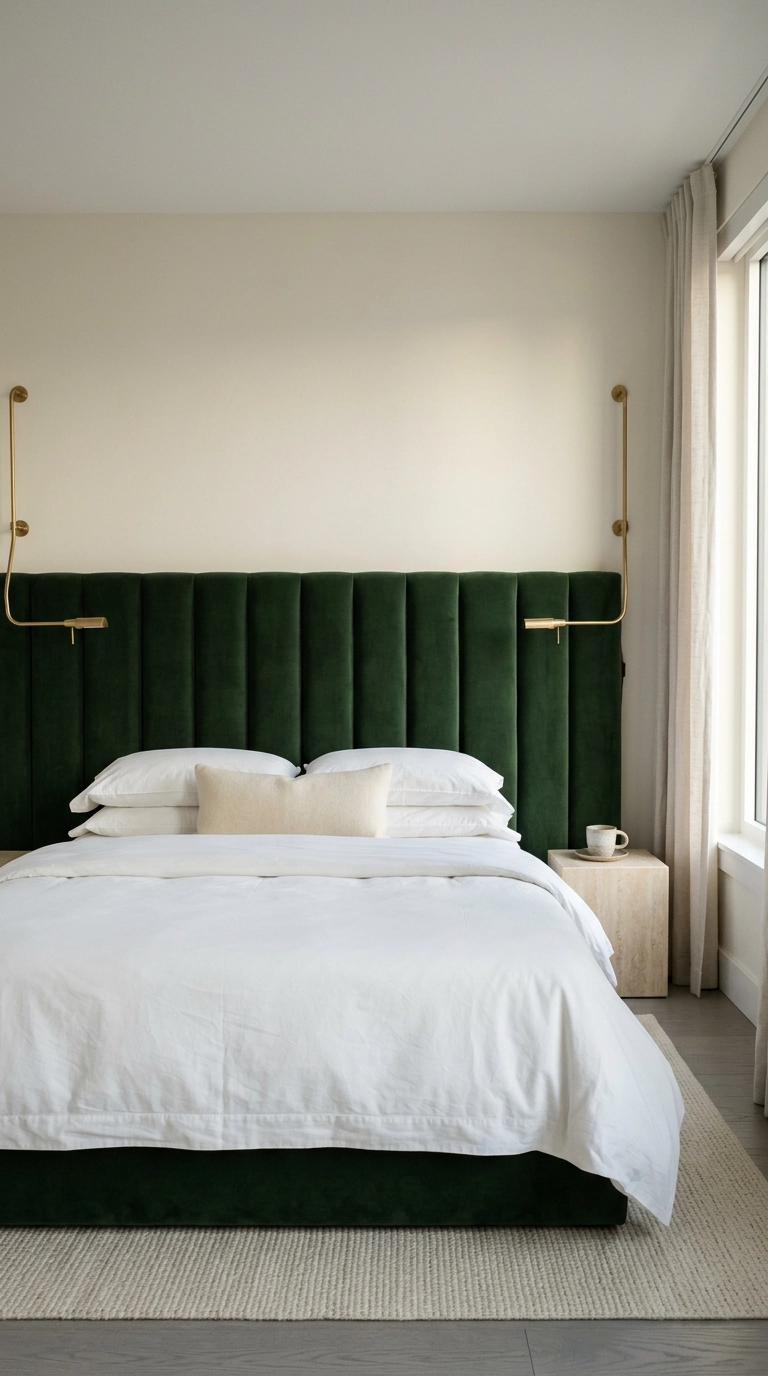 Wide forest green velvet channel-tufted headboard against alabaster walls with brass swing-arm lamps