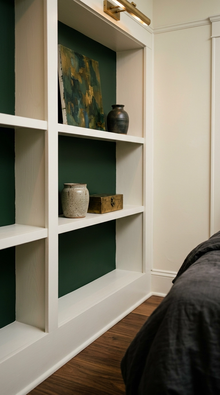White bedroom built-in bookcase with forest green painted back panels holding a few ceramic objects