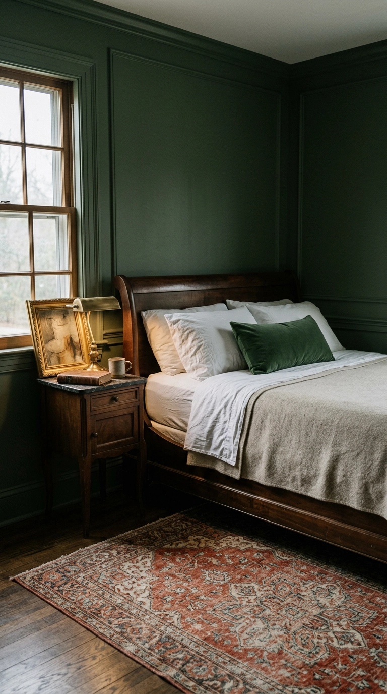 Faded rust and ivory vintage persian rug on a wood floor in a forest green bedroom