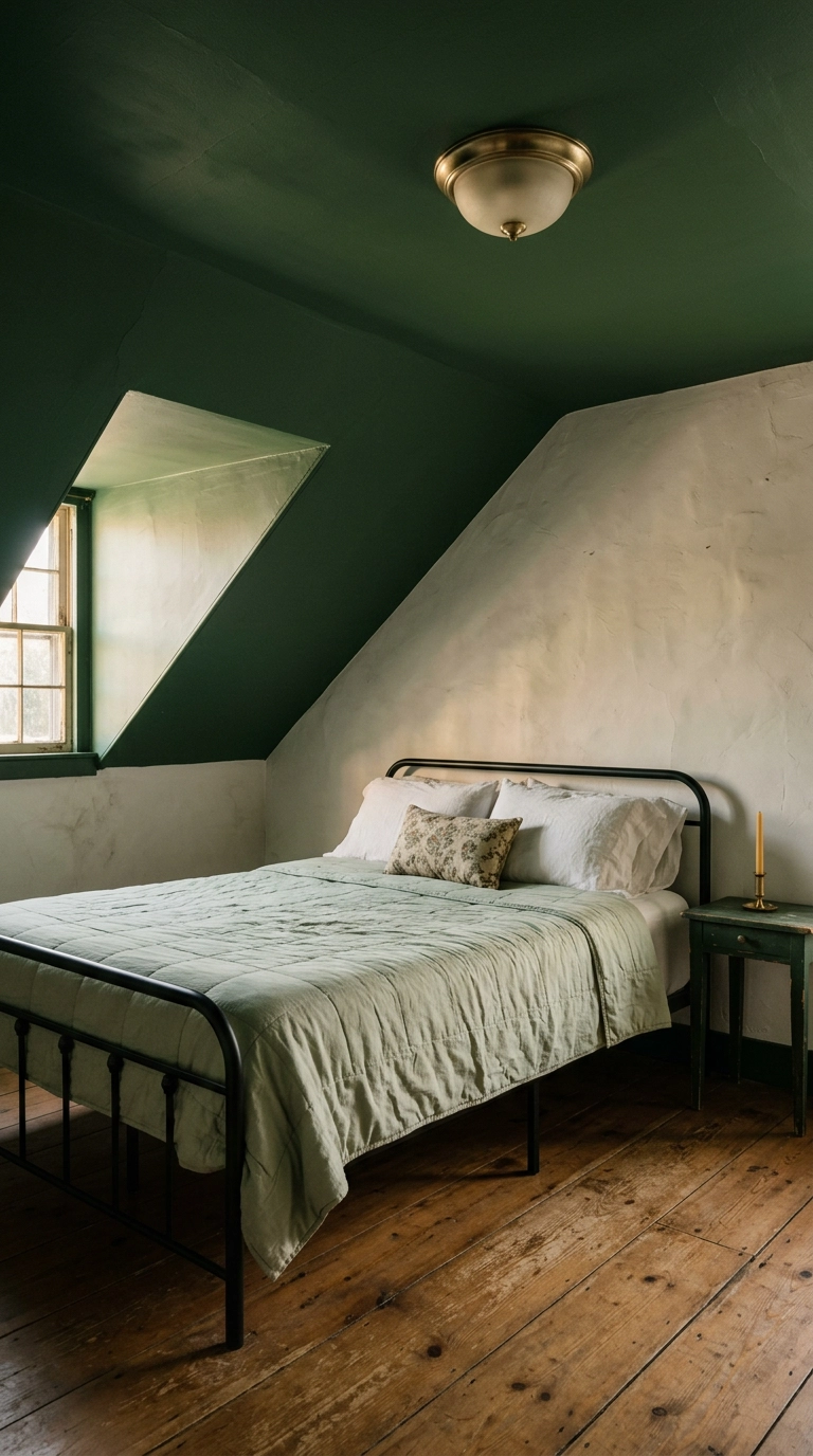 Sloped attic bedroom ceiling painted forest green above bone-white plaster walls and a black iron bed