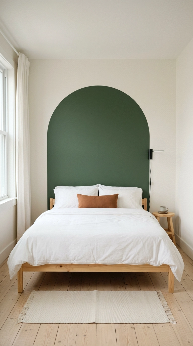 Matte forest green painted arch behind a pine bed on a chalk-white bedroom wall