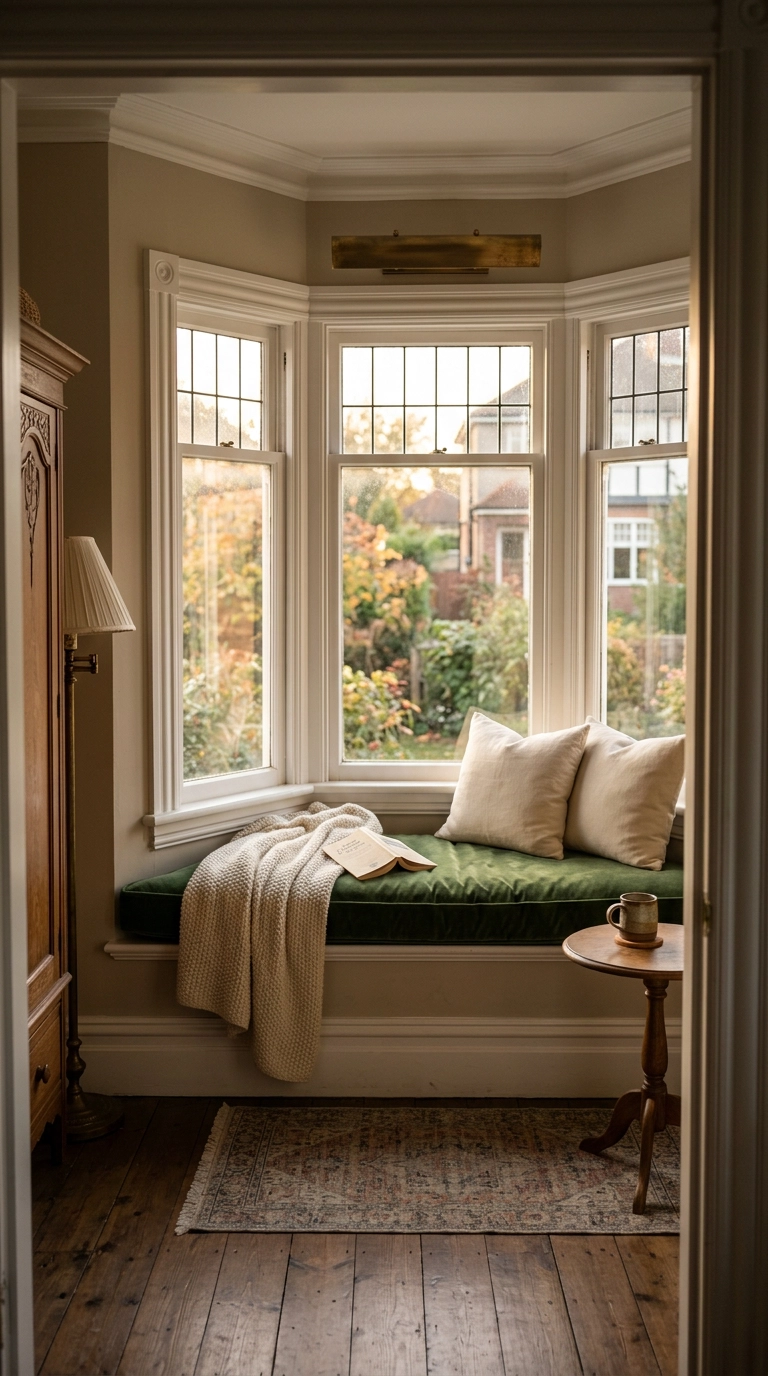 Bay window seat with a forest green velvet cushion and cream pillows in a bedroom nook