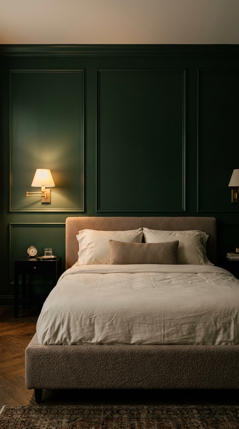 Forest green picture frame molding grid on a bedroom wall behind a taupe bouclé bed