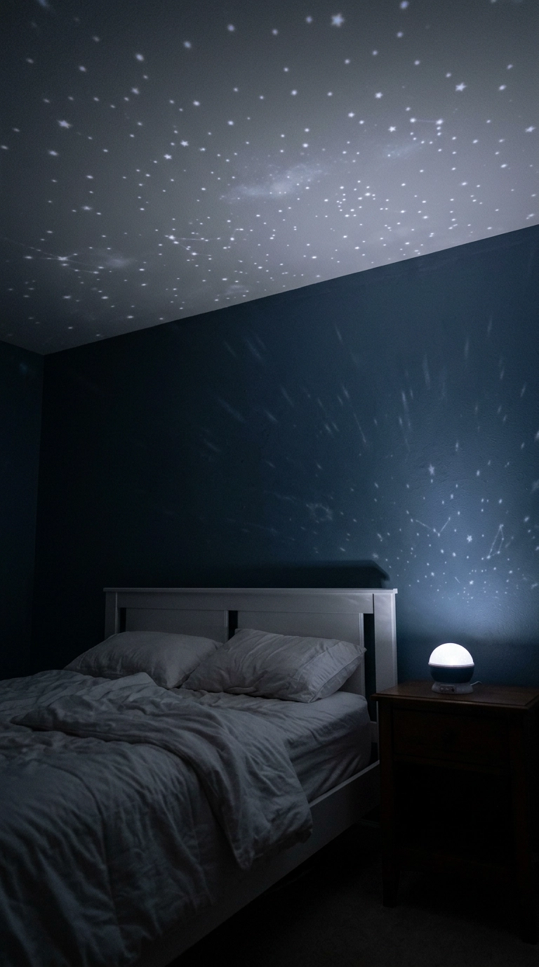 Star projector casting small white pinpoint stars across a bedroom ceiling at night
