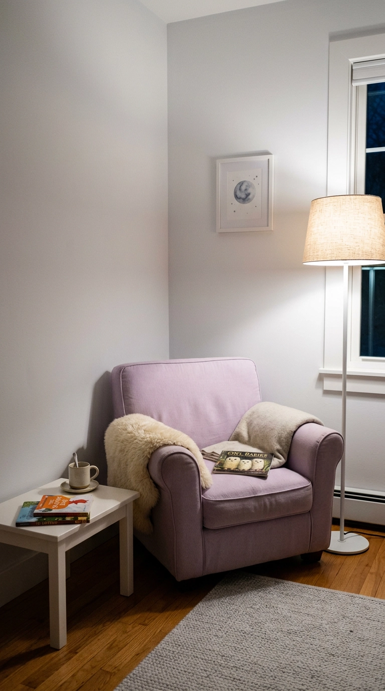 Palest lavender armchair with sheepskin throw in a warmly lit reading corner