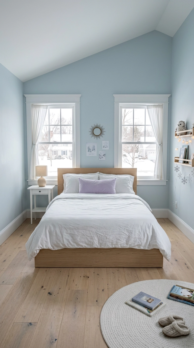 Kids bedroom with glacier blue walls, white oak bed and pale lavender accent pillow