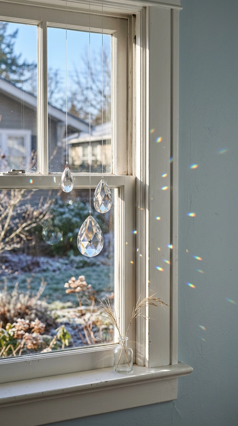 Three faceted crystal prisms hanging in a window casting small rainbows on a blue wall