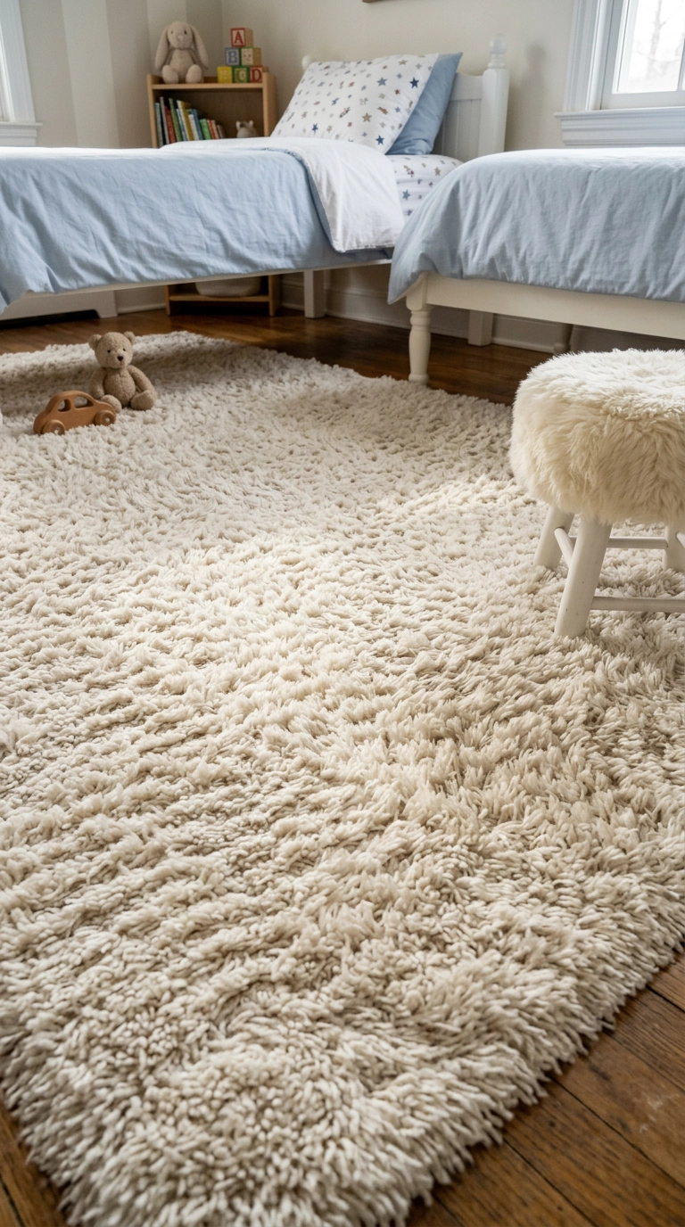 Thick ivory shag rug covering a kids bedroom floor with a narrow oak border