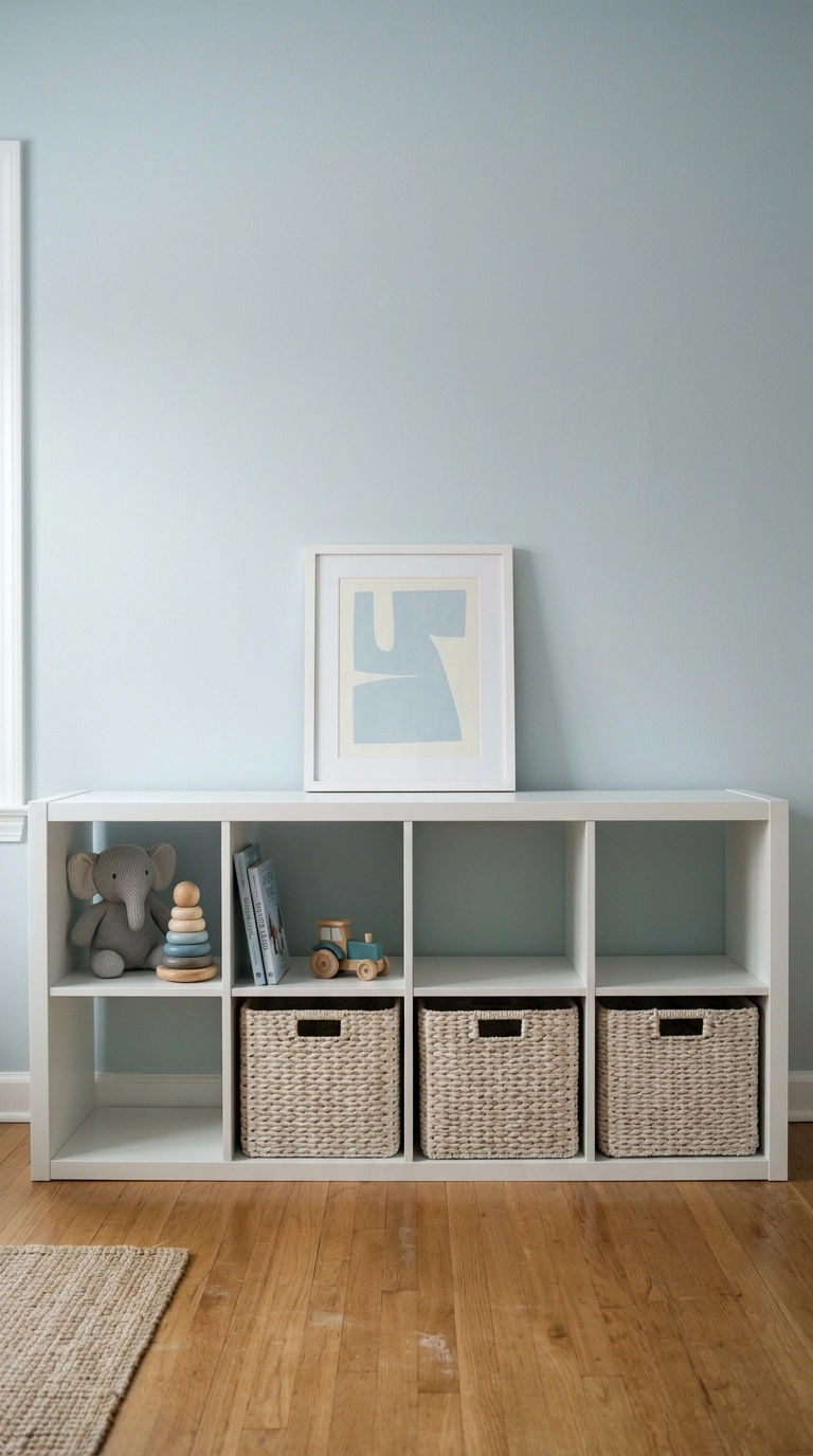 Low white cube shelving with bleached woven baskets under a glacier blue wall