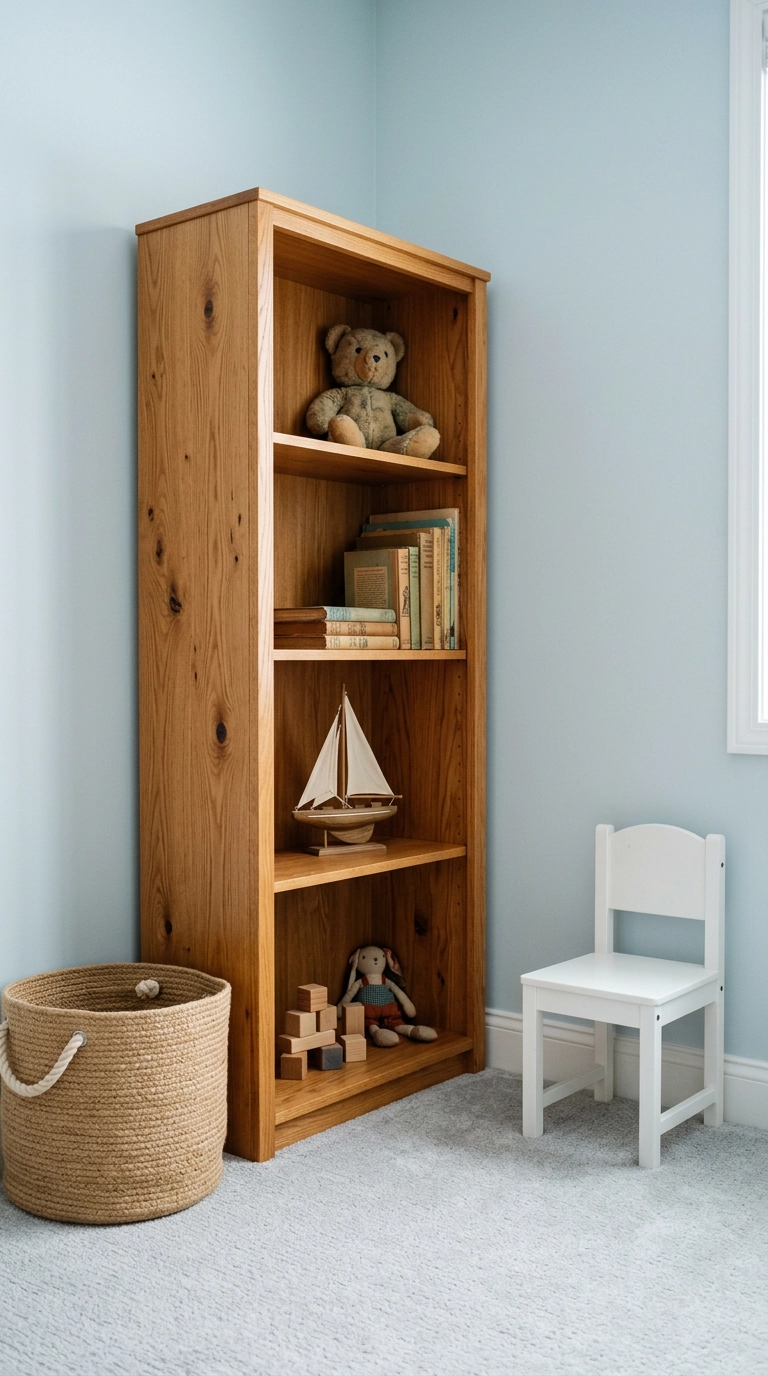 Warm honey oak bookshelf styled sparsely against a pale ice blue wall