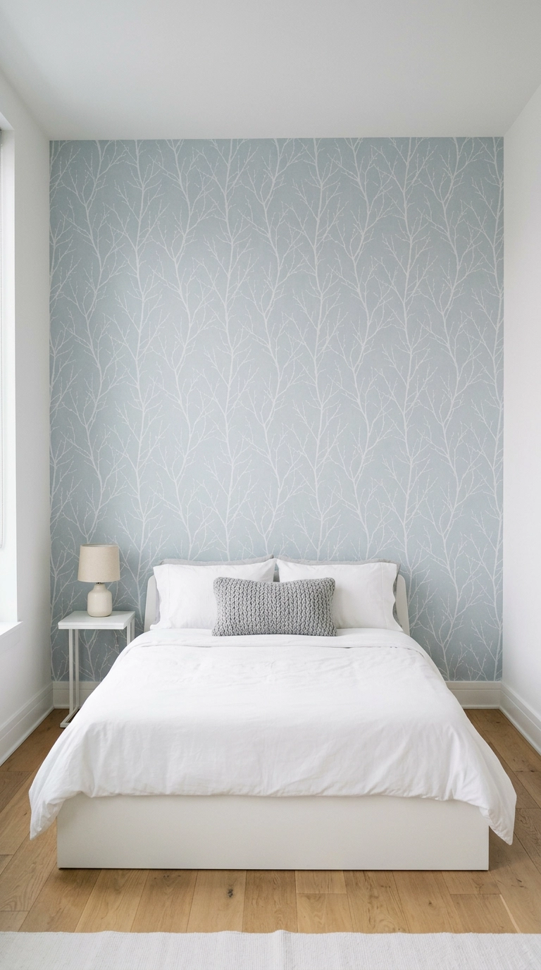 Removable wallpaper with fine white icy branch pattern on a pale blue bedroom wall