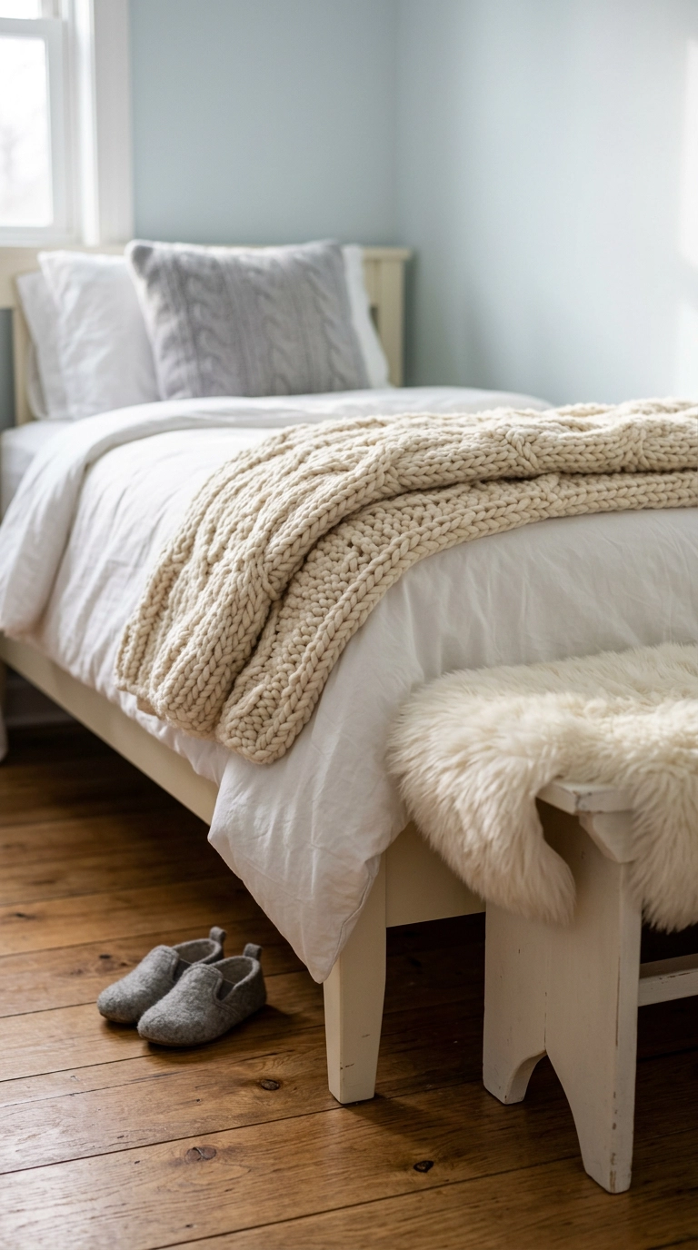 Chunky cream knit throw and faux fur pelt layered on a white bed