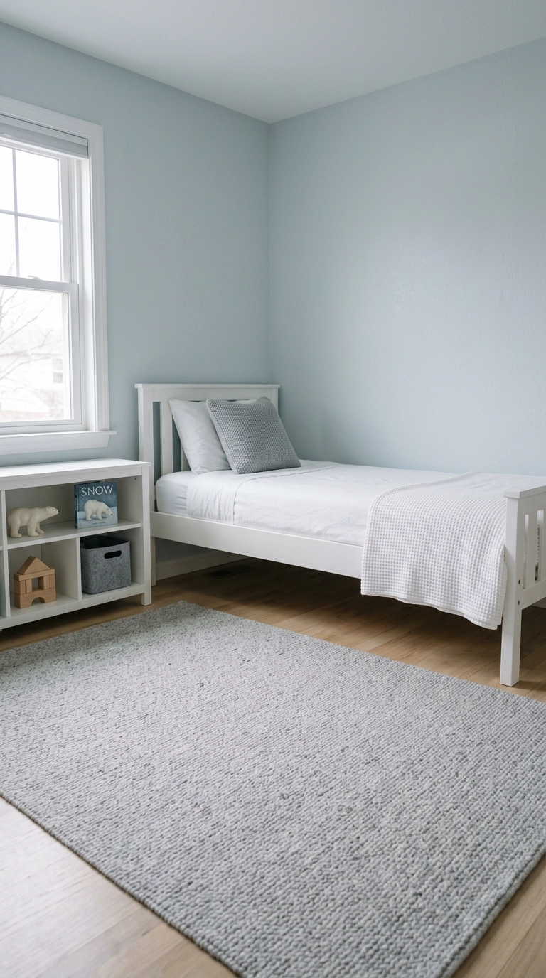 Small kids bedroom with bed against the wall and wide open floor space
