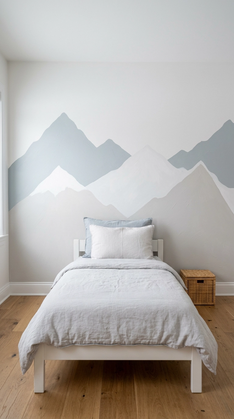 Painted abstract snowy mountain mural in pale blue and white behind a child's bed