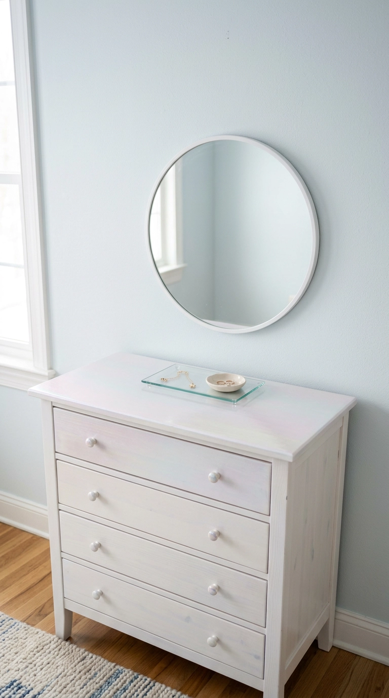 White dresser with an iridescent pearl finish top and round mirror above