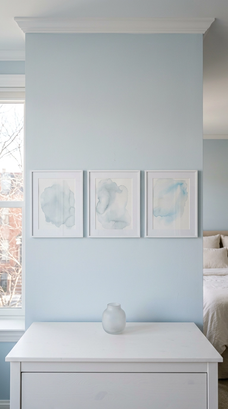 Three framed abstract pale blue watercolor prints hung in a row on a frost blue wall