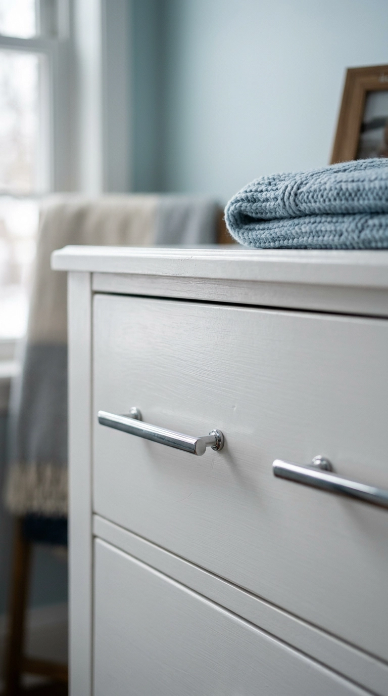Slim chrome bar pulls on a white dresser drawer against a glacier blue wall