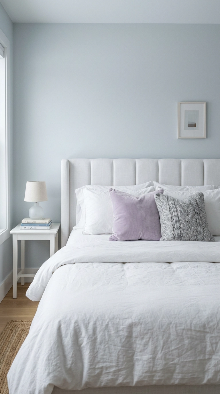 White bed with pale lavender velvet and silver knit accent cushions
