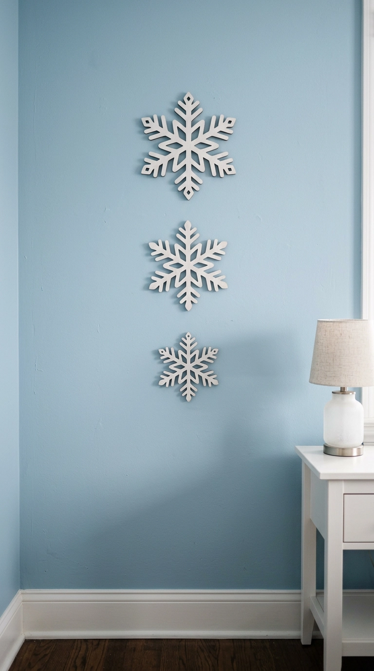 Three white wooden snowflakes of different sizes mounted on a glacier blue wall