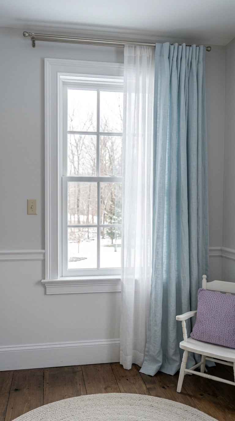 Layered sheer and pale blue linen curtains hung high on a bedroom window
