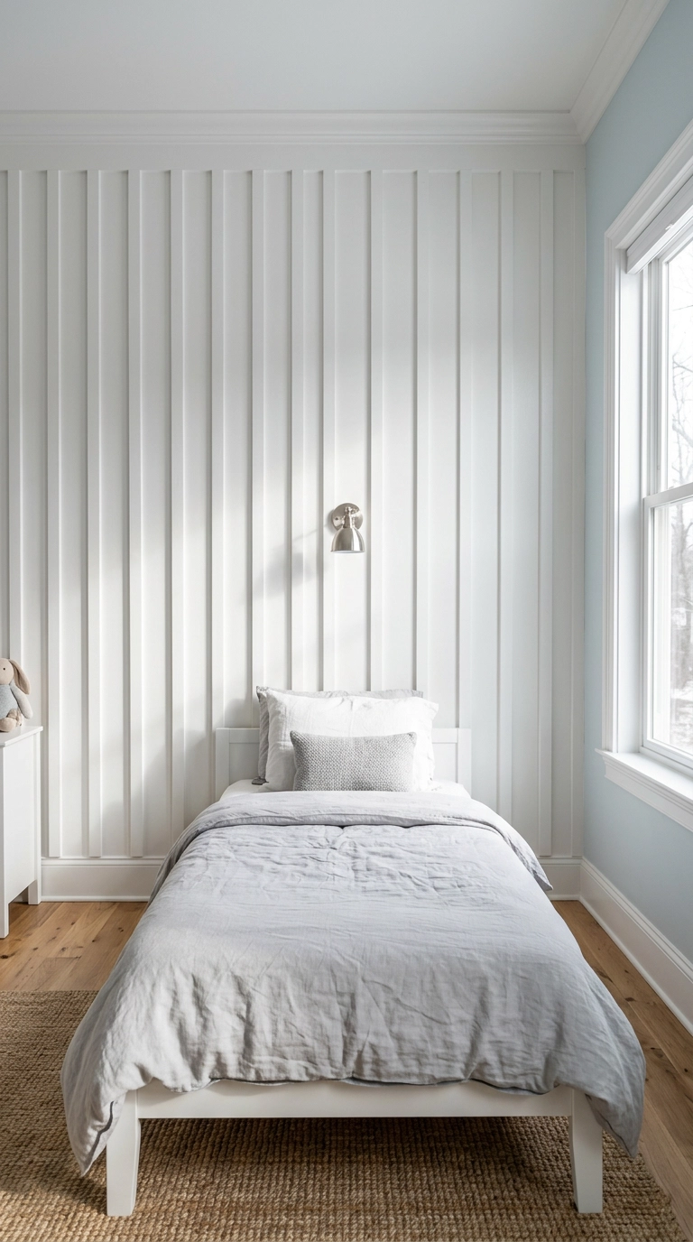 Vertical white board and batten molding wall behind a low bed with grey linen bedding