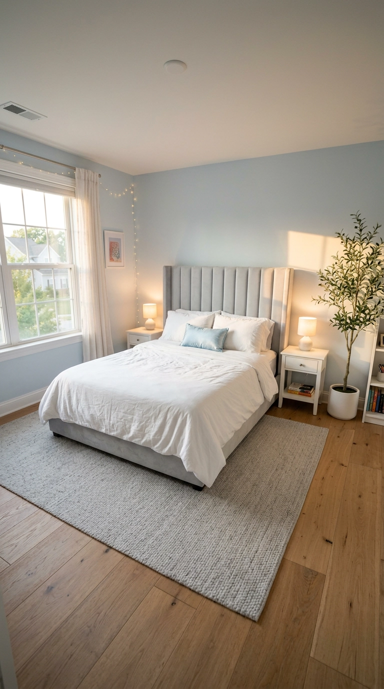 Channel-tufted dove grey velvet bed with white bedding in a frost blue bedroom