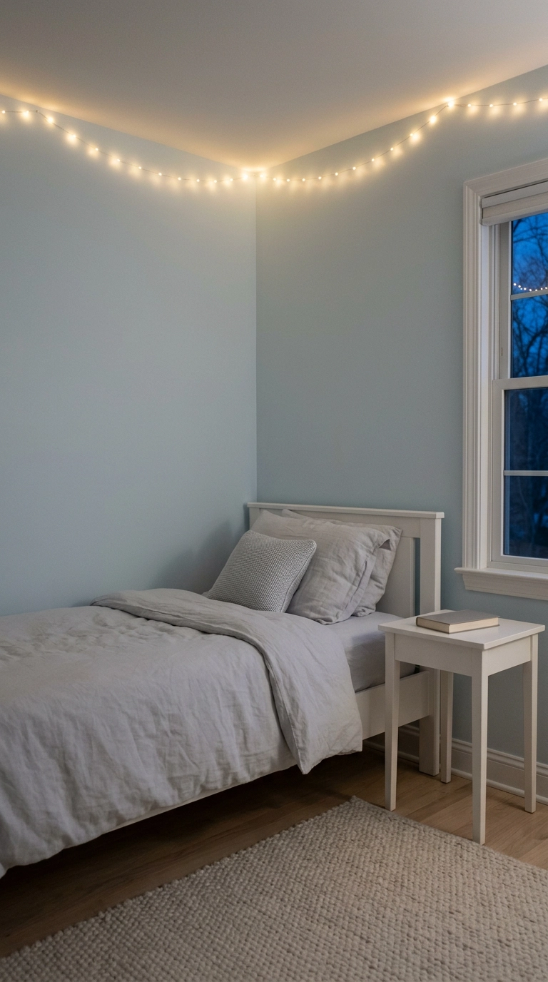 Warm white fairy lights running along the ceiling line of a pale blue bedroom at dusk