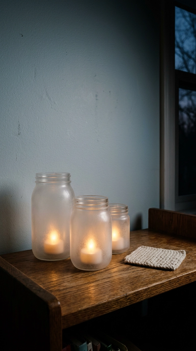 Three frosted glass jars of different heights glowing with warm LED tea lights