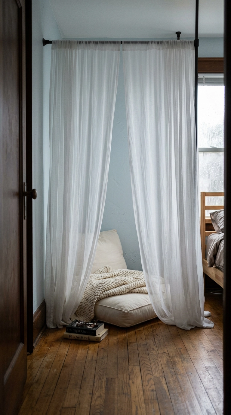 Corner reading nook draped with sheer white voile panels on tension rods