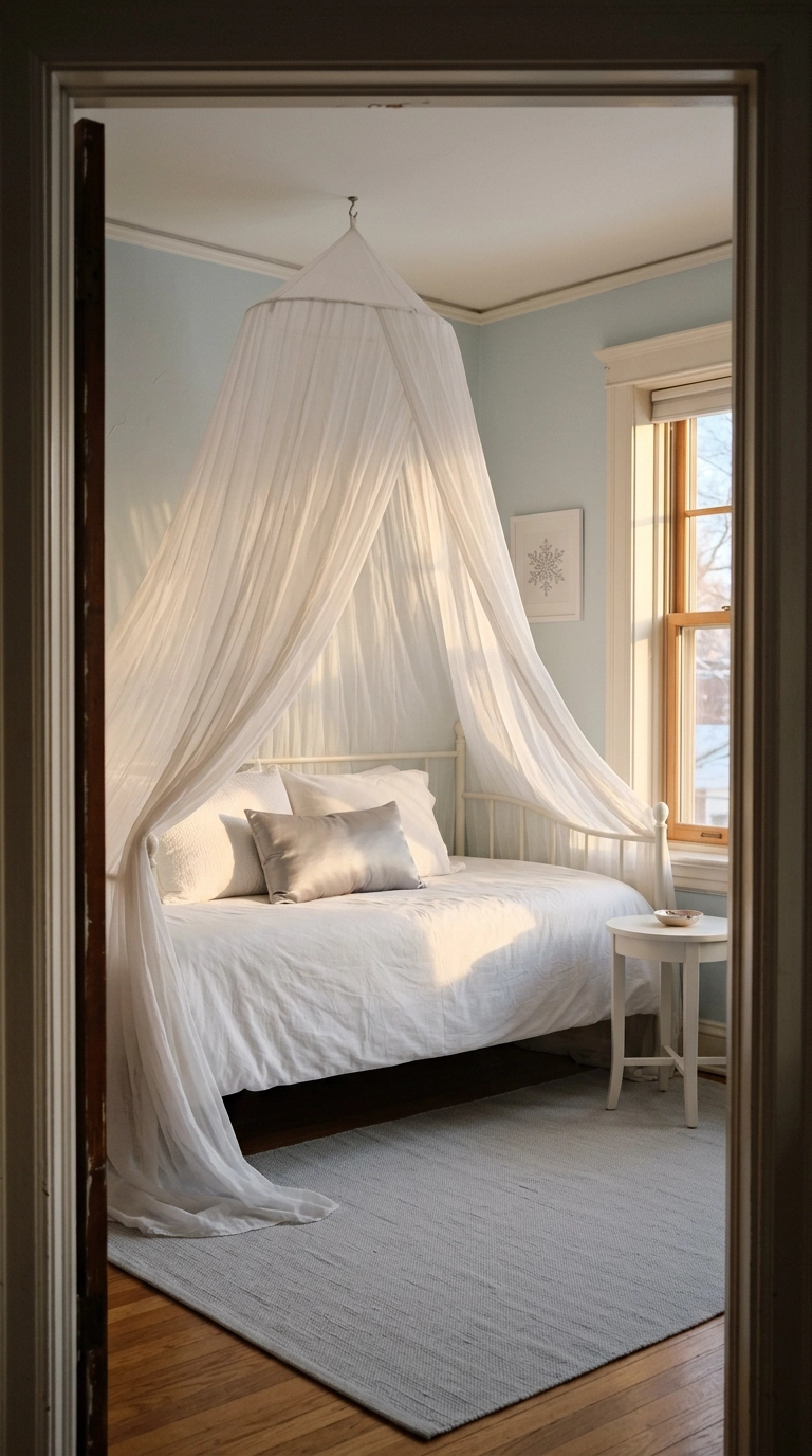Sheer white voile canopy draped over a daybed in a pale blue bedroom