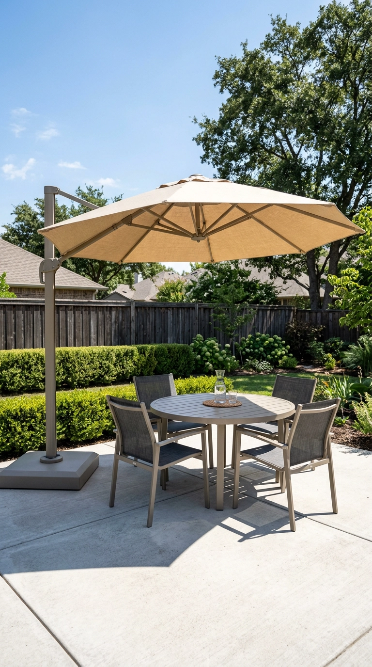 Natural canvas cantilever umbrella shading a round aluminum dining table on a concrete patio